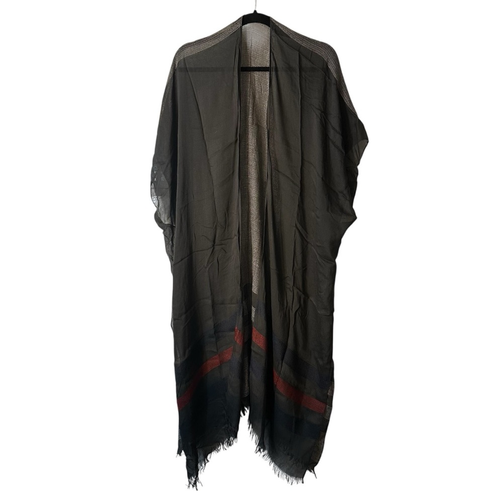 Striped Fringe Kimono Cover Up Boho Open Front Black Gray One Size